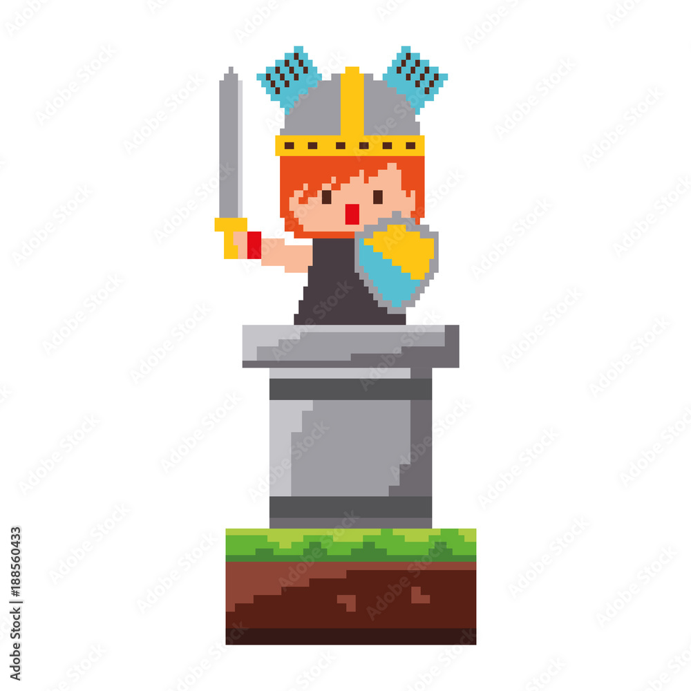 Poster pixel character knight with sword and shield video game vector illustration