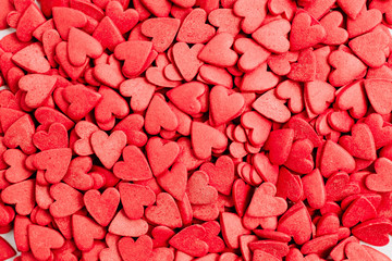 Valentine's Day composition. Flat lay, top view of red hearts pattern. Love concept.