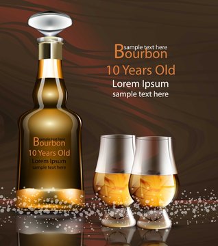 Bourbon bottle and glasses realistic Vector. product packaging mock up detailed illustrations