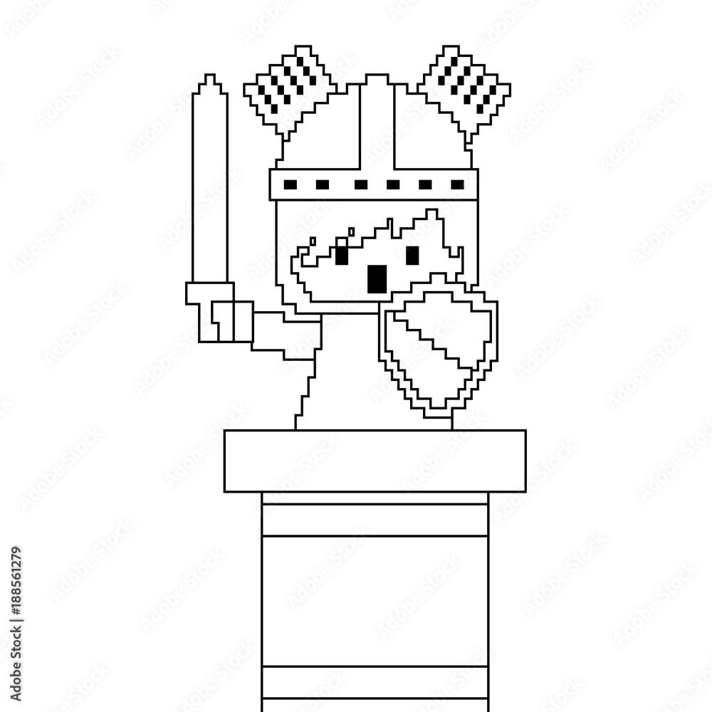Poster pixel character knight with sword and shield video game vector illustration linear design
