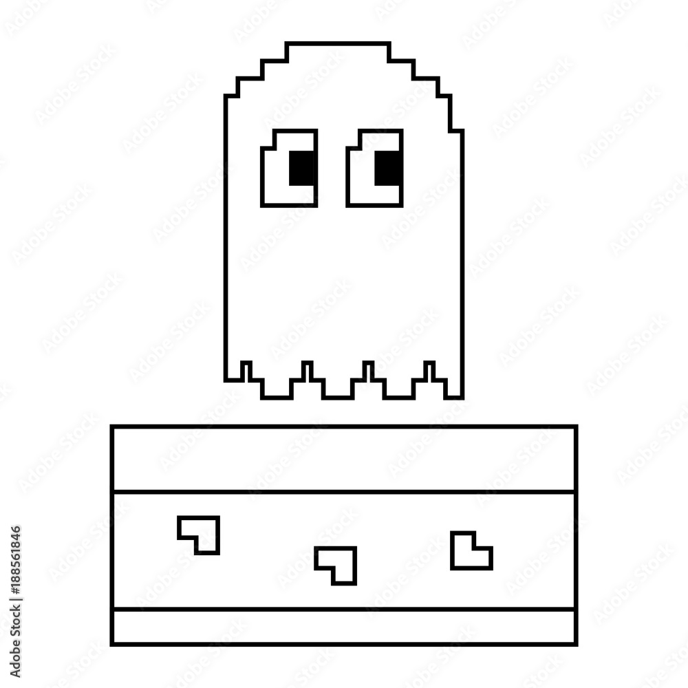 Poster pixel ghost game play character arcade vector illustration linear design