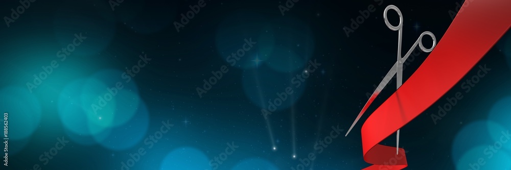 Poster scissors cutting ribbon with bokeh circles