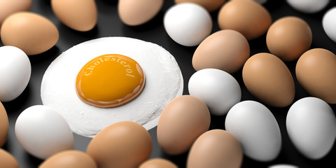 Cholesterol written on a fried egg's yolk. 3d illustration