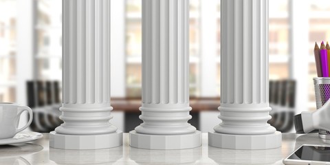 Naklejka premium Three classical pillars on an office desk, blur background. 3d illustration