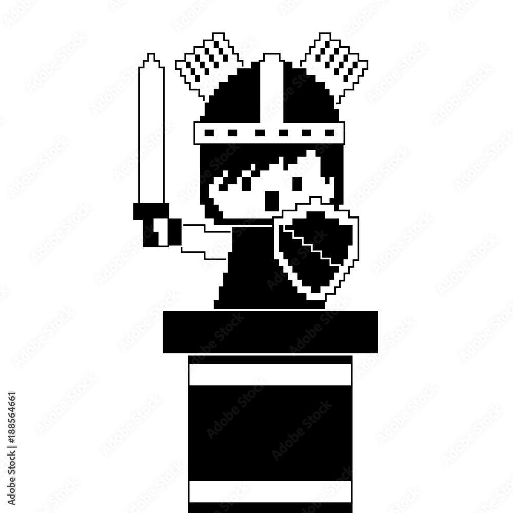 Poster pixel character knight game interface level vector illustration black and white design