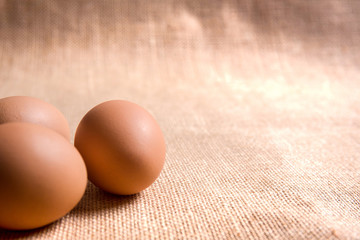 Fresh organic eggs on sackcloth(gunny) with copy space for text
