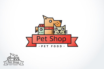 A vector outline pet store logo or a veterinary clinic in a modern flat style. A dog, a cat, a parrot with a ribbon under the name of the store.