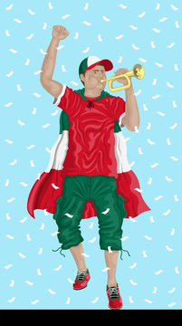 “Mexico Soccer Fan with Bugle” Mexican supporter, confetti papers and background are in different layers.