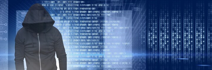 Obraz premium Anonymous hacker with computer code binary interface