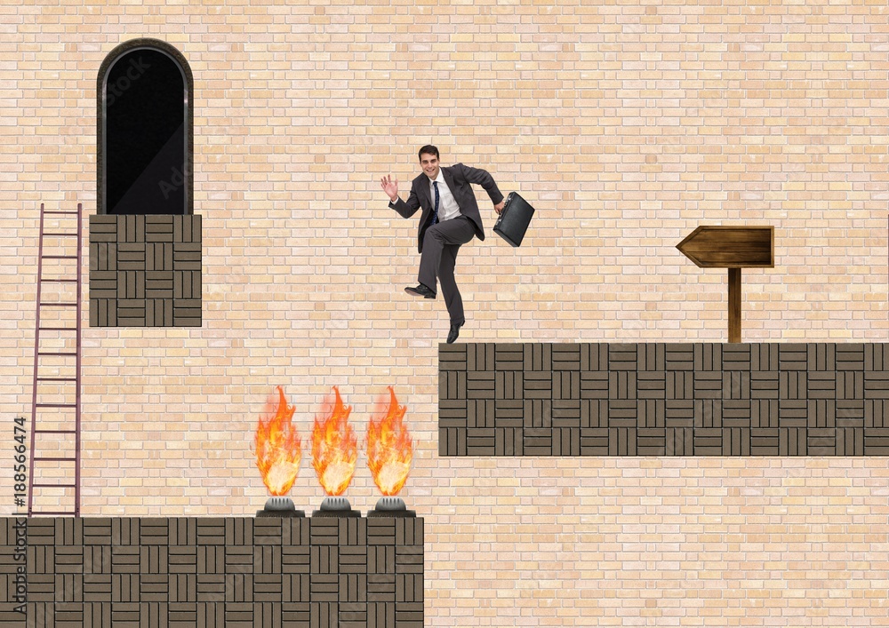 Poster businessman in computer game level with traps and ladder