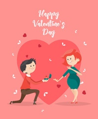 Happy Valentines Day vector illustration. Greeting card with young couple in love. Valentine's background in flat style.