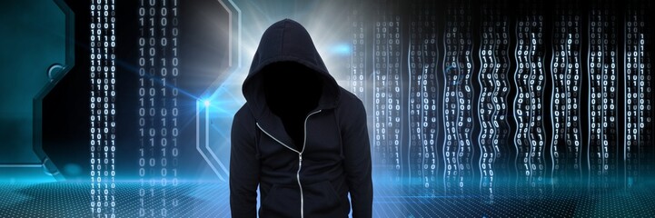 Anonymous hacker with computer code binary interface