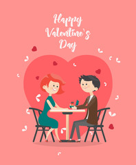 Happy Valentines Day vector illustration. Greeting card with young couple in love. Valentine's background in flat style.