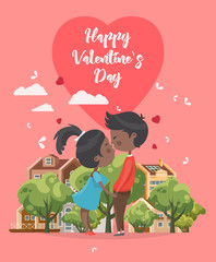 Happy Valentines Day vector illustration. Greeting card with young african american couple in love. Valentine's background in flat style.