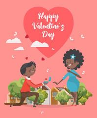 Happy Valentines Day vector illustration. Greeting card with young african american couple in love. Valentine's background in flat style.