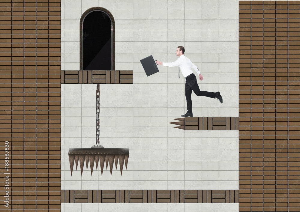 Poster businessman in computer game level with coins and traps