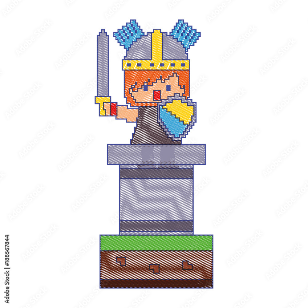 Poster pixel character knight with sword and shield video game vector illustration