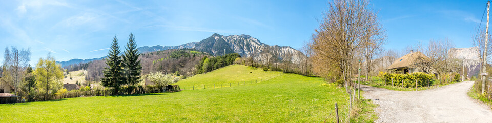 Panoramic view of natural scenic view of Chichilianne, countryside small town in France, with mountain in background