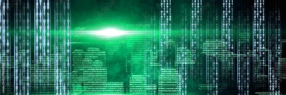 Poster code binary interface and green city background