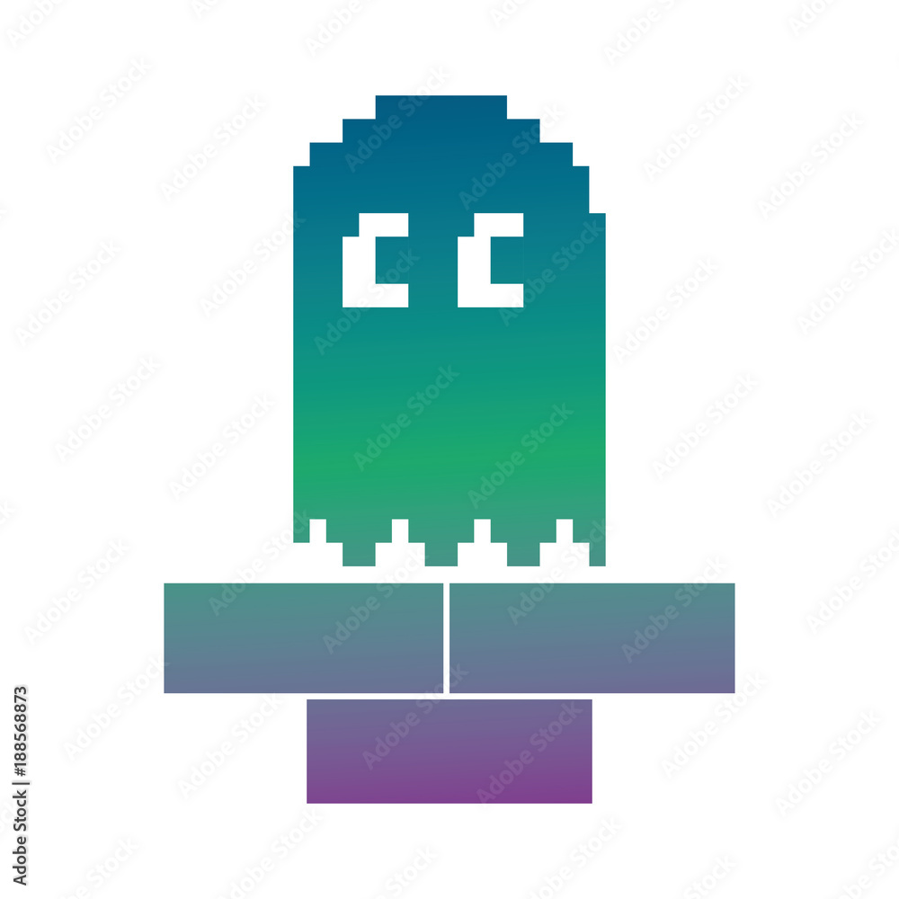 Poster pixel ghost game play character arcade vector illustration blur background color gradient