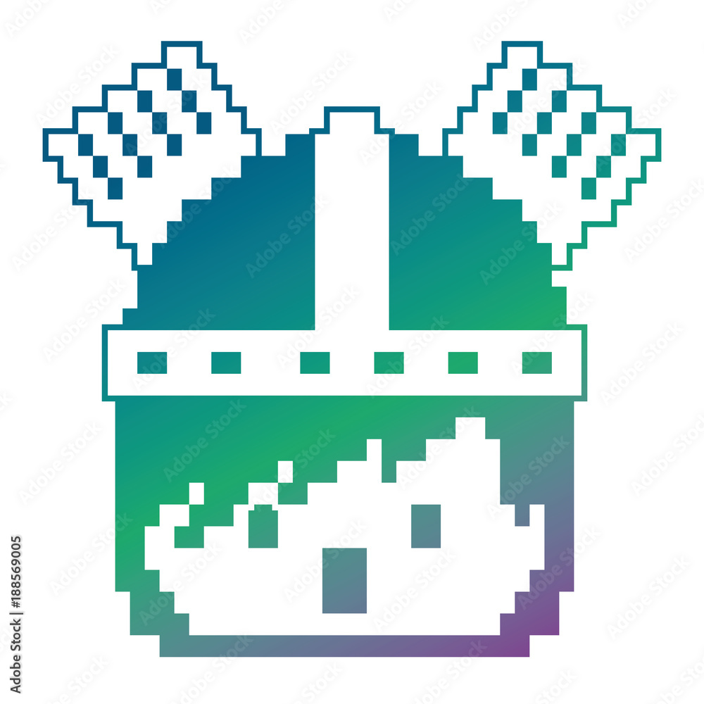 Poster pixel character face knight with helmet game vector illustration blur background color gradient