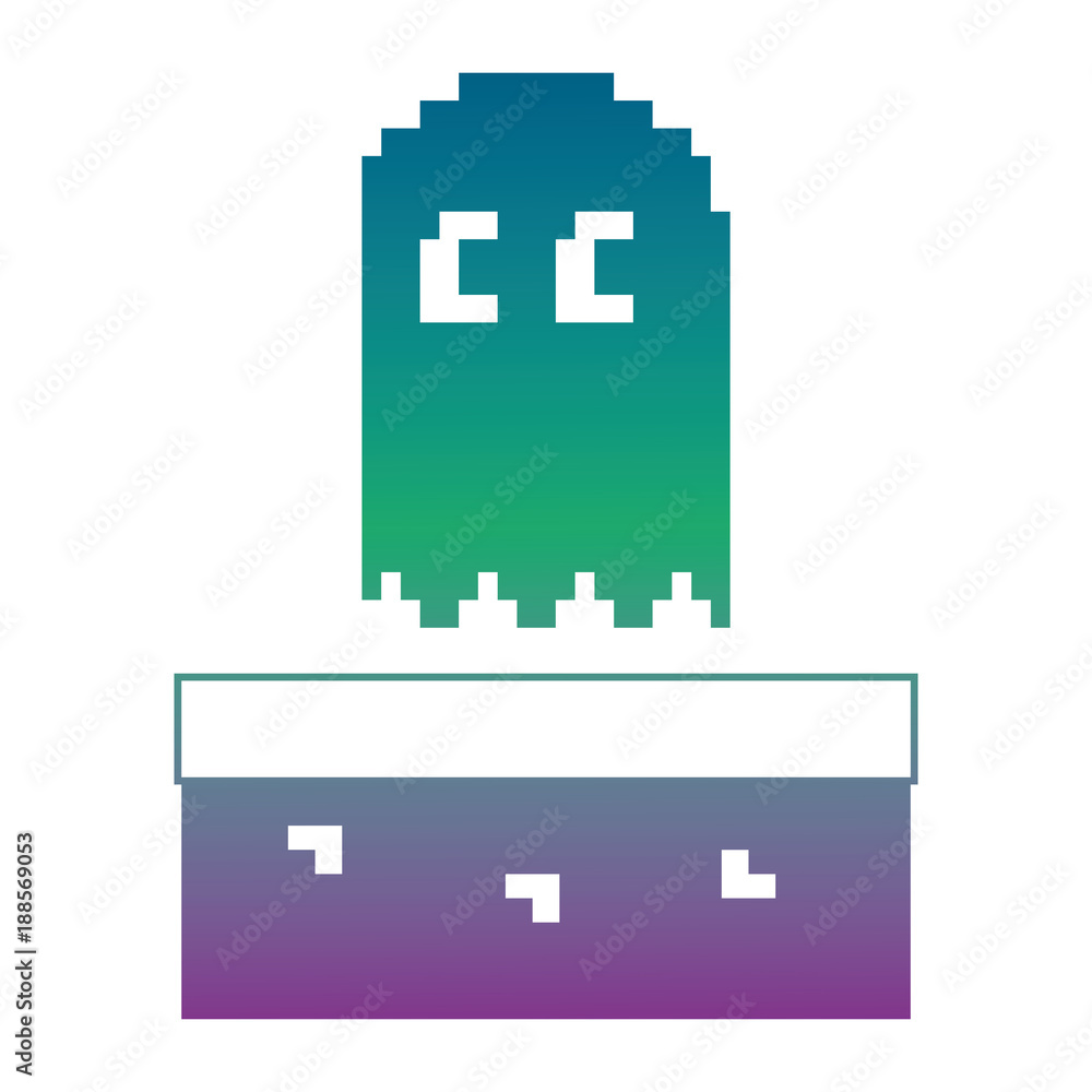 Poster pixel ghost game play character arcade vector illustration blur background color gradient