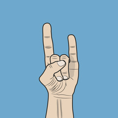 Hand in rock n roll sign. Isolated on blue background. Sketch style