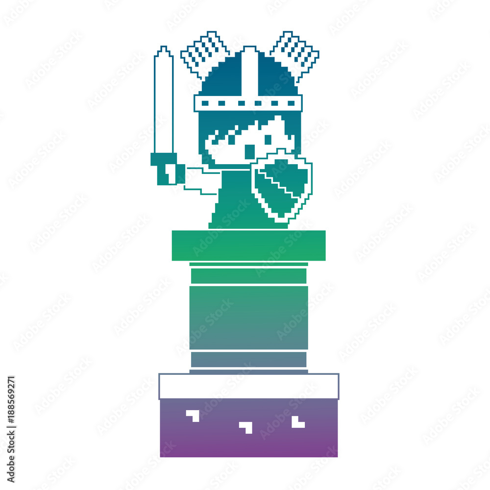 Poster pixel character knight with sword and shield video game vector illustration blur background color gr