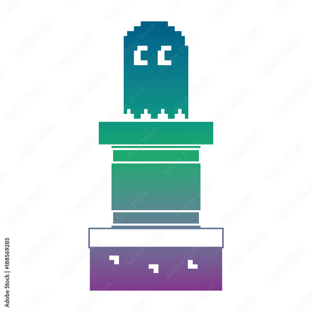 Poster pixel ghost game play character arcade vector illustration blur background color gradient