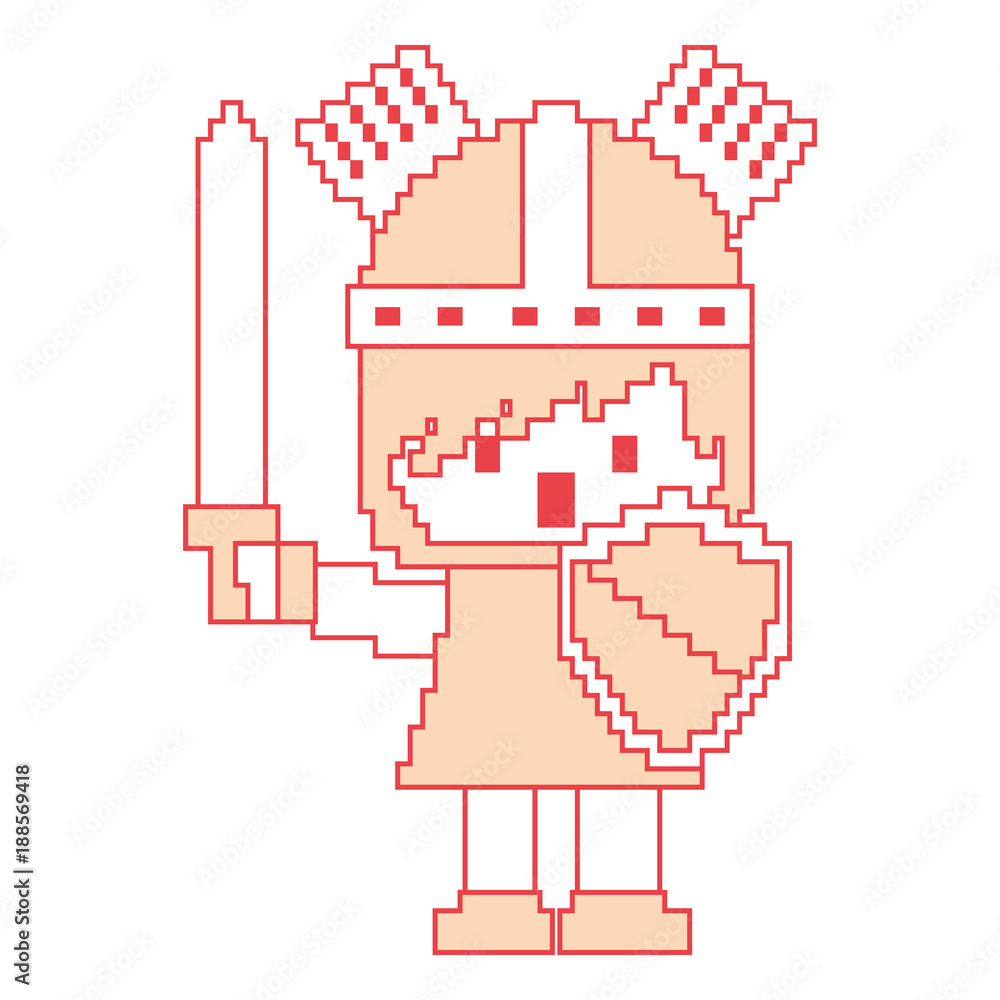 Poster pixel character knight with sword and shield for games vector illustration orange color image
