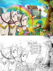 cartoon scene with dwarf near some beautiful rainbow waterfall and medieval castle - with coloring page - illustration for children 