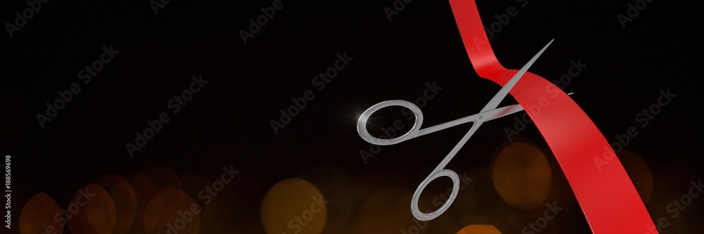 Poster scissors cutting ribbon with bokeh circles