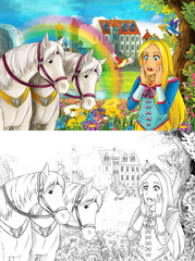 Obraz na płótnie Canvas cartoon scene with young princess watching two white horses near beautiful medieval castle waterfall and rainbow with coloring page illustration for children