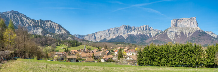 Houses in Chichilianne in France, with mount Aiguille