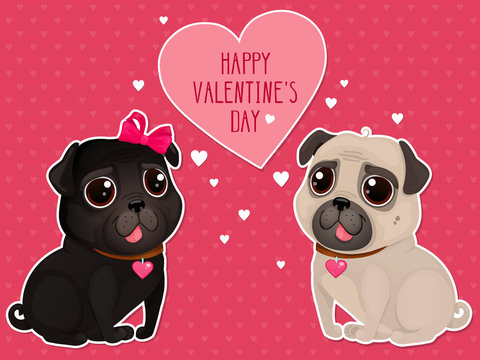 Greeting card for Valentine's Day with cute pugs in cut out style. Cartoon dogs with hearts. Vector illustration for a postcard or a poster. Text "Happy Valentine's Day".