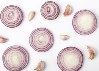 Garlic with red onion isolated on white background. Isolated garlic