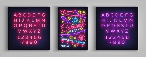 Carnival party poster in neon style. Neon sign, design template, brochure, night light poster. Bright neon advertising for carnival, masquerade, party. Vector illustration. Editing text neon sign