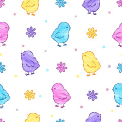 Cute Easter chickens pattern. Vector colorful seamless background.