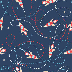 Seamless vector space pattern with rockets and traces.