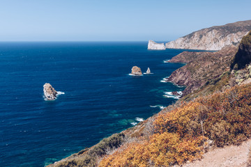 Fototapeta na wymiar Landscape with sea views of Masua and Pan di Zucchero at the west coast of Sardinia. Italy