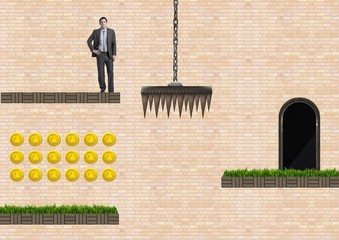 Businessman in Computer Game Level with coins and trap