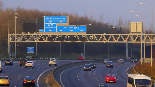 Cars, Lorries On Motorway; M62 Motorway Traffic; M62, Near Junction 26, West Yorkshire, England