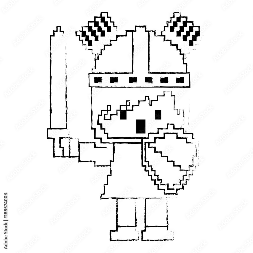 Poster pixel character knight with sword and shield for games vector illustration sketch design