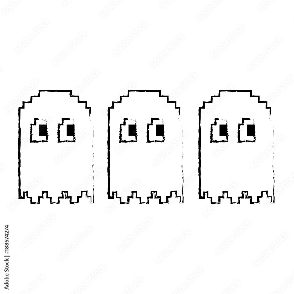 Poster pixel character ghosts retro game arcade vector illustration sketch design