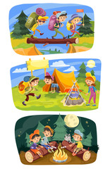 Kids summer camping vector concept illustration. Group of teens go hiking at nature with backpacks, rest outdoor, cook food, roast marshmallow on campfire in evening. Set of three horizontal banners