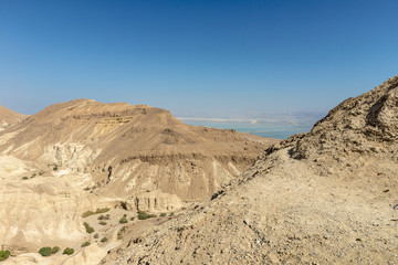 A view of the dead sea and mountains in the Negev desert. Israel

