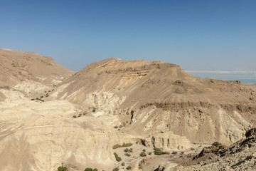 A view of the dead sea and mountains in the Negev desert. Israel
