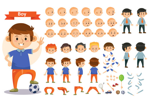 Boy kid playing football and toys vector cartoon child character constructor isolated icons body parts, hair or legs, arms and face emotions. Construction set for create young boy child playing sports