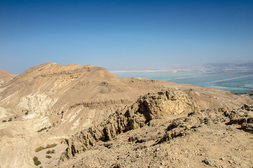 A view of the dead sea and mountains in the Negev desert. Israel
