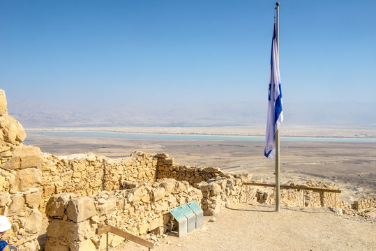Ruins of the ancient fortress of Massada on the mountain near the dead sea in southern Israel

